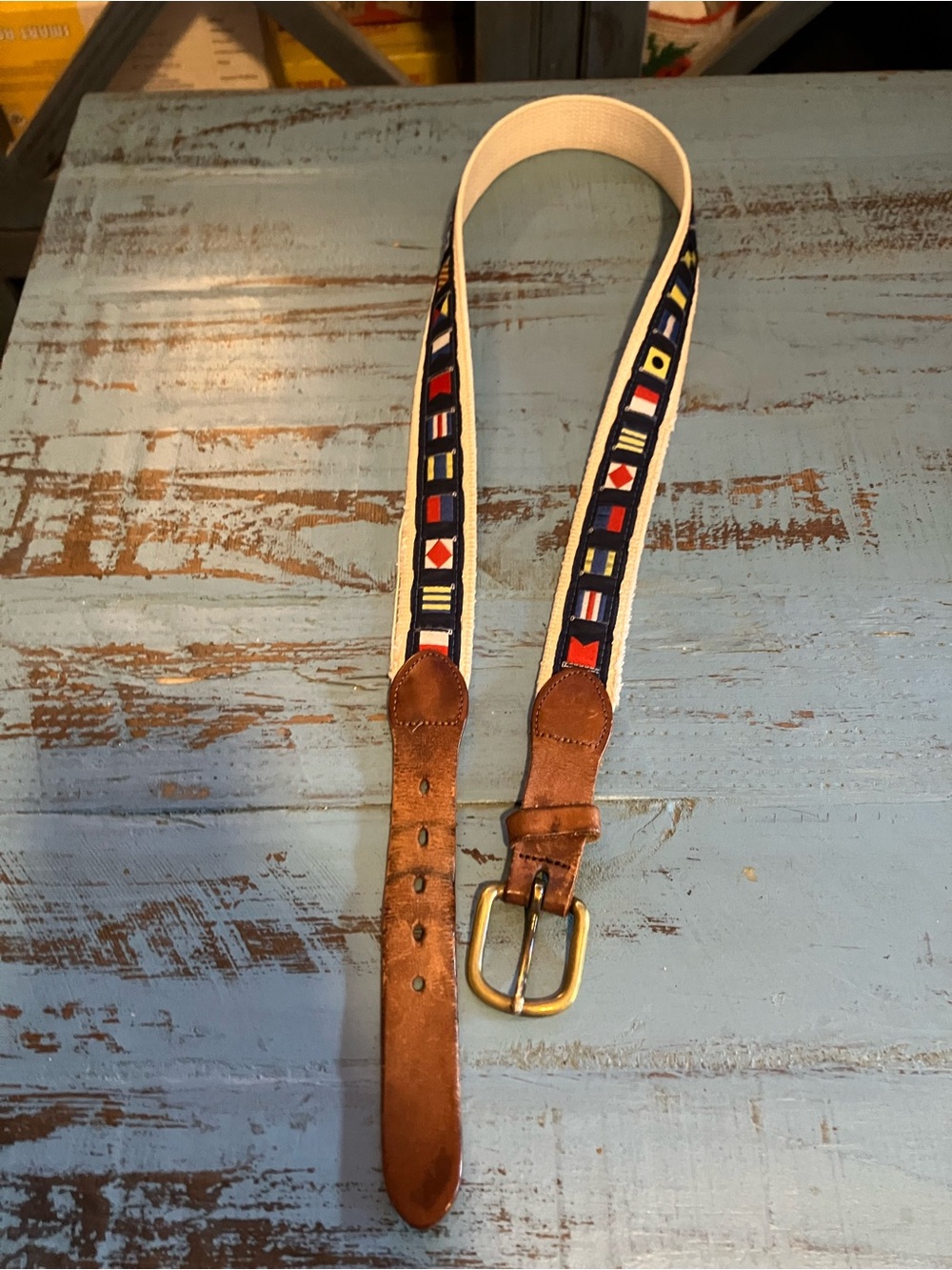 Men's Flags Belt with Leather Trim and Solid Brass hardware Navy/Red/White